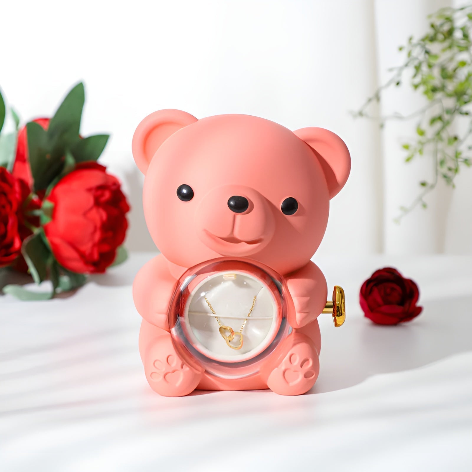 “Valentino” Teddy Bear with Eternal Rose and Heart Necklace: The Gift of Love